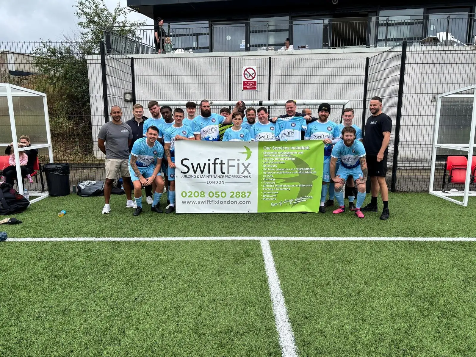 The Peoples FC squad with the Swift Fix London banner