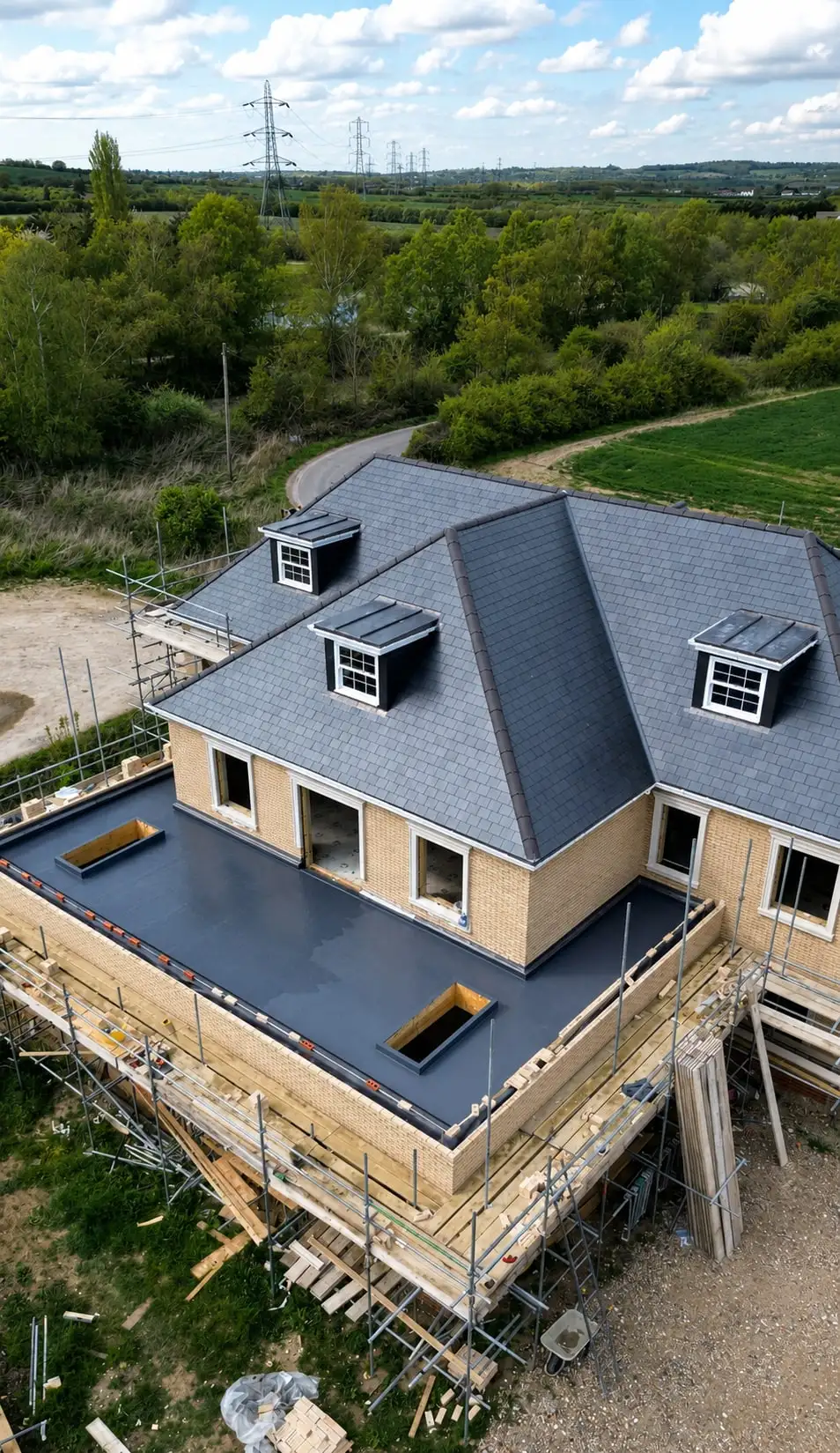 Aerial view of a slate roof with dormer windows