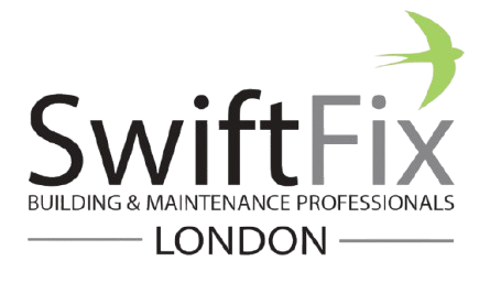 SwiftFix London logo with company name and green bird icon, transparent background.
